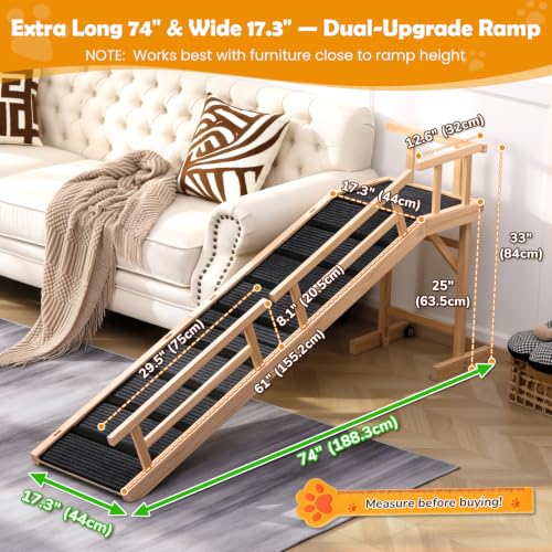 74" Wooden Dog Ramp with Platform & Wheels Gentle Slope Non (XL-74"L×17"W×25"H)