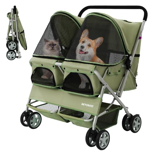 Double Pet Stroller for 2 Small Dogs & Cats (Green)