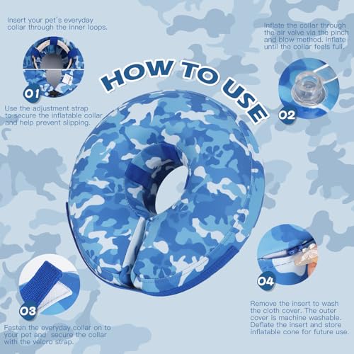 Inflatable Recovery Dog Cone Collar (Blue Camo / Large + (Neck:18''-20''))