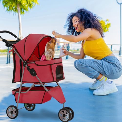 3 Wheel Foldable Pet Stroller (Red / 3 Wheels)