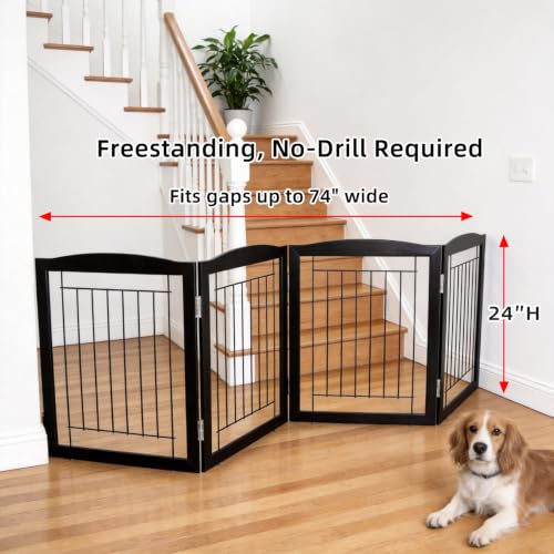 Freestanding Foldable Dog Gate for House Extra Wide Wooden Black Indoor Puppy Gate Stairs Dog Gates Doorways Tall Pet Gate 4 Panels Fence (Black / 【4 Panels】80''w x 24''h)