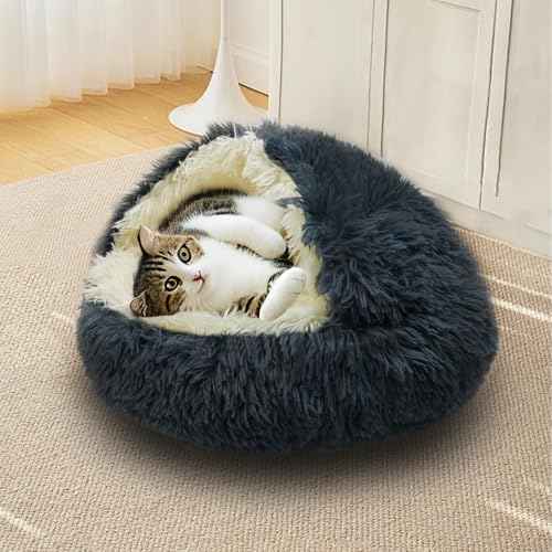 Round Plush Fluffy Hooded Cat Bed Cave (20.0"L x 20.0"W x 6.0"Th / khaki)