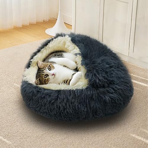 Cat Bed Round Plush Fluffy Hooded Cat Bed Cave (23.0"L x 23.0"W x 6.0"Th / Dark Grey)