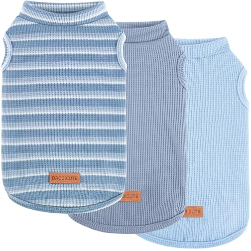 3Pack Dog Shirts Lightweight Waffle Dog Shirt for Small DogsSleeveless Dog Shirt for Small Medium Boy Girl Dogs Cozy & Breathable Pet Vest (L(Back: 15.7", Chest: 20.5", 13.2-19.8lbs) / Striped+Light Blue+Iron Blue)