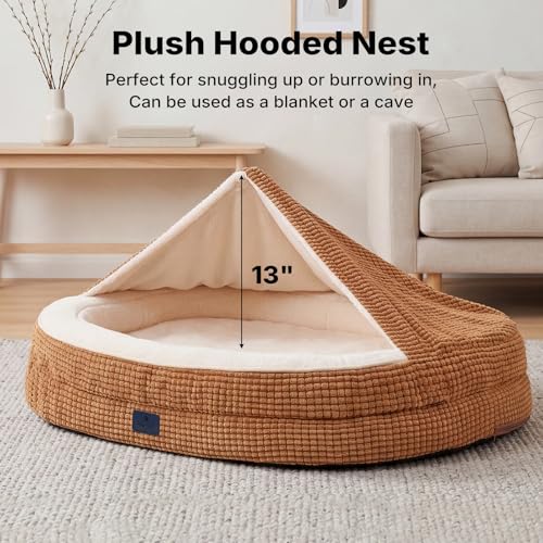 2-in-1 Dog Cave Bed with Cover, Covered Dog Bed for Large Dogs (Brown / 48"L x 35"W x8"Th)