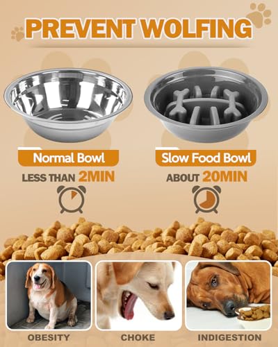 Elevated Dog Bowls for Medium Large Dogs with Mat (for Medium Large Dogs 1 Basic&1Slow Bowl with Mat / Grey)
