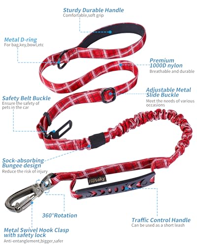 Tactical Bungee Shock Absorbing No Pull Dog Leash (Red plaid)