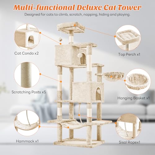 66 Inch Cat Tree Tower for Indoor Cats and Kittens (Beige / 66 IN)