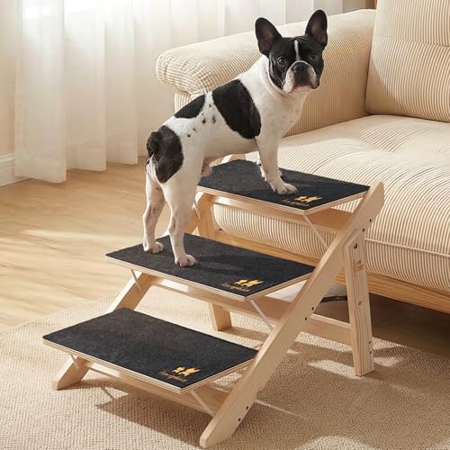 Wooden 2-in-1 Dog Stairs, 3-Step Foldable Anti-Slip Pet Steps