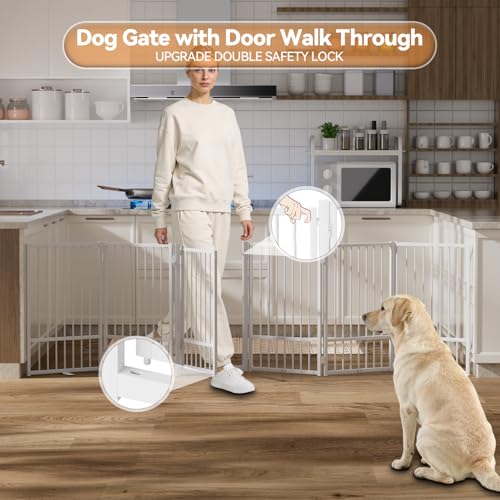 Full Metal Freestanding Dog Gate with Door (【6 Panels】120"W*32H" / White)