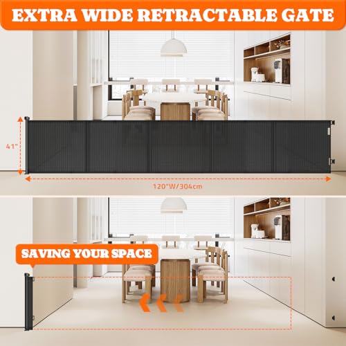 Retractable Baby Gates Extra Wide (Black / 41" Tall x 120" Wide)