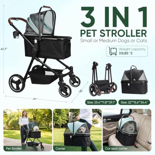 3-in-1 Foldable Pet Stroller for Dogs/Cats (Green / Single)