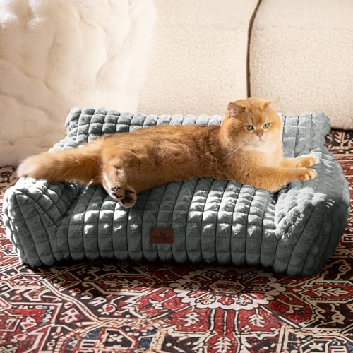 Cat Couch Bed with Fluffy Faux Rabbit Fur for Indoor Cats (Grey / Medium: 30"L x 20"W x 10"Th)