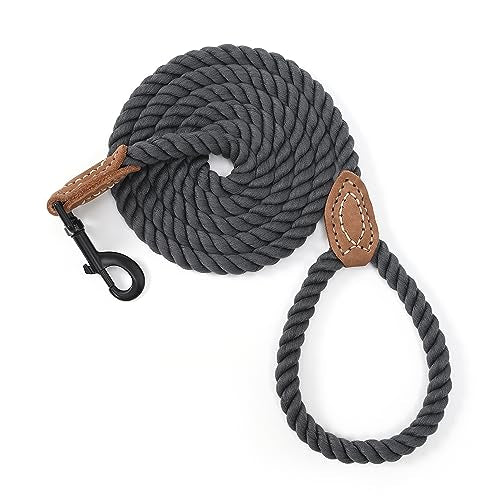 Dog Leash Braided Cotton Rope with Leather (Dark Grey / 60 Inch-1/3")