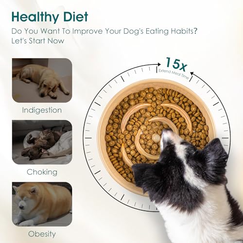 Ceramic Slow Feeder Dog Bowls (L - 3 Cups / Khaki)