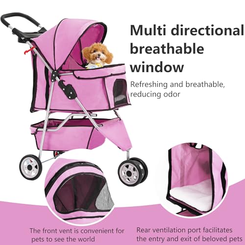 3 Wheel Foldable Pet Stroller (Peach Pink / 3 Wheels)