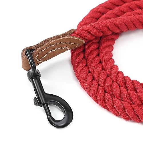 Dog Leash Braided Cotton Rope with Leather (Red / 48 Inch-1/2")
