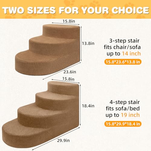 Dog Stairs 3 Steps Foam Pet Ramp for Small Dogs Cats (Khaki-3-Step)
