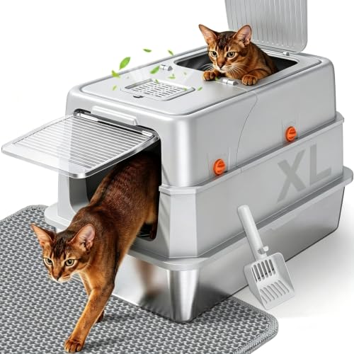 XL Enclosed Stainless Steel Litter Box with Lid (Light Grey)