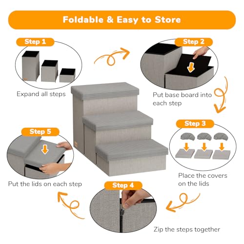 3 Step Wide Dog Stairs 18" H with Removable Cover (Covered Grey / 30"D x 17"W x 17.7"H)