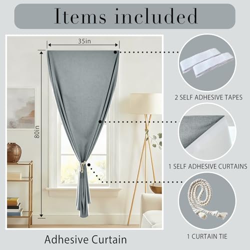100% Blackout Self Adhesive Portable Curtains for Bedroom Easy to Install Window Thermal Lnsulated Kitchen Room Darkening Small Window Curtains (34"W x 80"L (Pack of 1) / Light Grey)