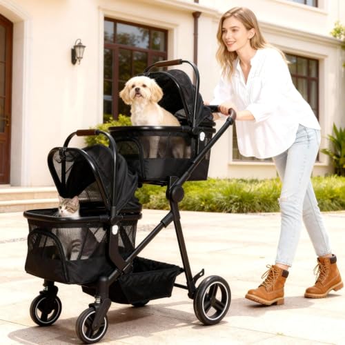 Foldable Double Pet Stroller for 2 Small Medium Cats Dogs (Black / Double)