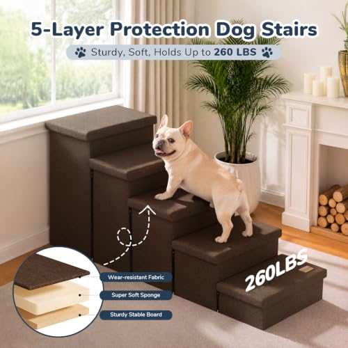 5 Step Wide Dog Stairs with Storage 23" H (Coffee / 50"D x 17"W x 23"H)