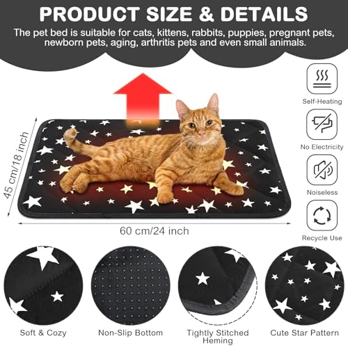 4 Pack Self Warming Cat Bed Self Heating Cat Mat Star Pattern Soft Dog Crate Pad Thermal Pet Mat Anti Slip Kennel Dog Washable Warming Bed for Outdoor Indoor (18 x 24 Inch / Black)