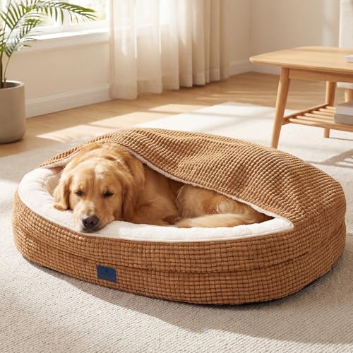 2-in-1 Dog Cave Bed with Cover, Covered Dog Bed for Large Dogs (Brown / 48"L x 35"W x8"Th)