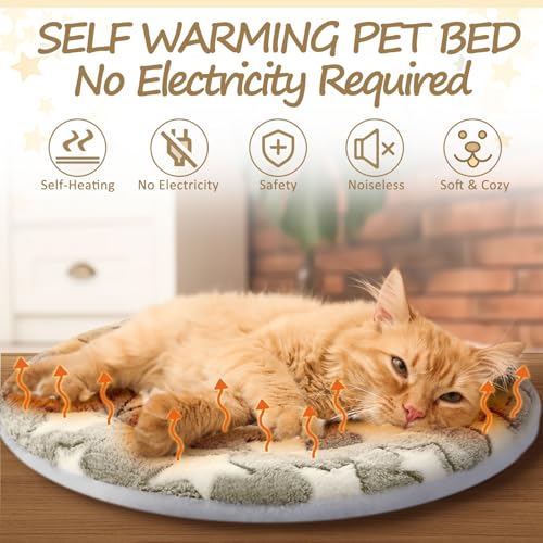 2 Pack Self Heating Cat Pad Self Heating Cat Bed Machine Washable Heat Pet Mat Reversible Body Thermal Warm Round Dog Bed Crate Blanket for Feral and Indoor Cats (16'' / Apricot Large Star)