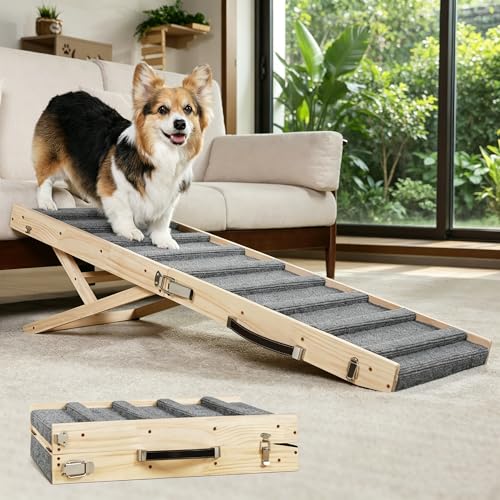 Dog Ramp for Small & Medium Dogs Foldable Pet Ramp for Bed Sofa (Natural Wood / Up to 75 lbs)