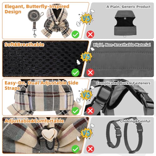 Cute Cat Harness and Leash Set with Bowtie (Beige / XS (Chest Girth: 11.8"-13.4"))