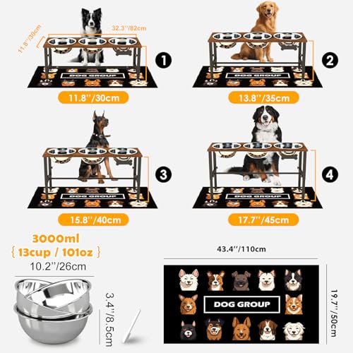 XXLarge Wooden Elevated Dog Bowl Stand (Brown-XX, 3 Bowls / Height:11.8 in-17.7 in)