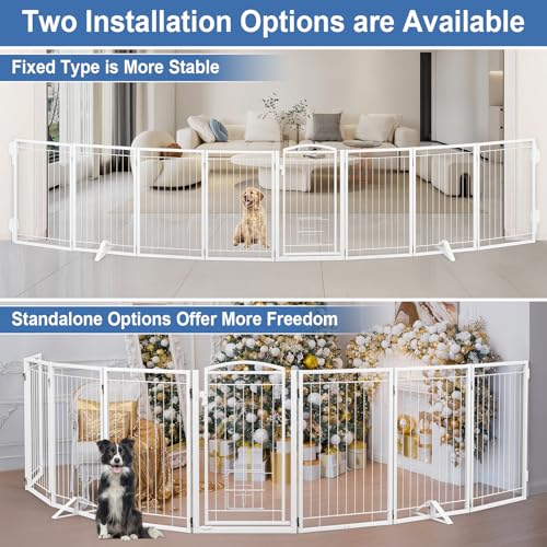 Full Metal Freestanding Dog Gate with Cat Door for Indoor & Outdoor (White / 【8 Panels with Door】160"W×32"H)