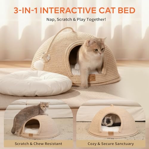 Cat Cave Bed with Washable Cushion and Ball (White)