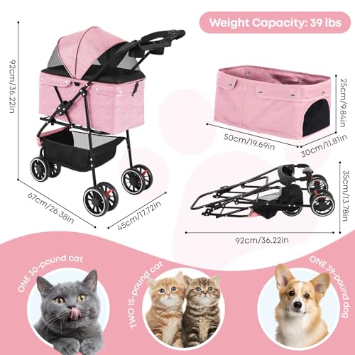 Pet Stroller Dog Stroller for Small Medium Dogs Cats (Pink)
