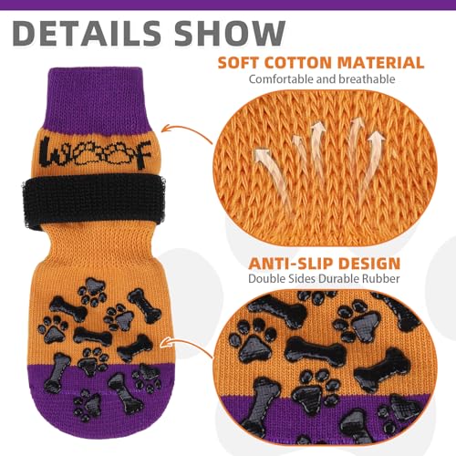 Anti Slip Halloween Dog Socks to Prevent Licking Paws (Orange&purple With Woof / Small/Medium (4 Pack))