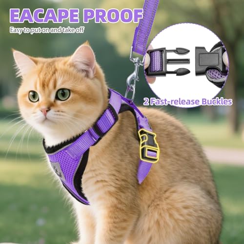 Cat Harness and Leash Set Escape Proof Reflective Cat Walking Harness Adjustable Soft Breathable Mesh Vest for Small Pets (L (NECK 14"-18", CHEST 18"-26.5") / Purple)