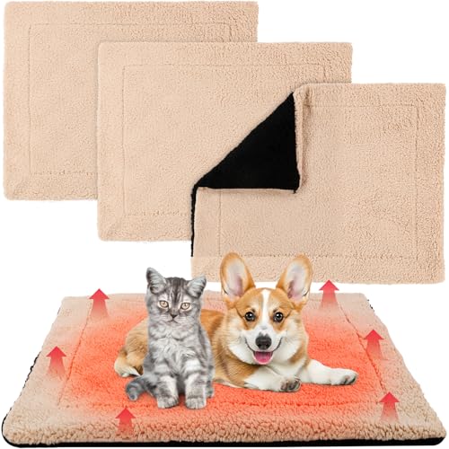 3 Pack Self Warming Cat Bed 17x22 Inch Self Heating Dog Mat Reflects Body Heat Extra Warm Thermal Pet Pad Washable Cat Dog Bed for Outdoor Indoor Large Kittens Puppy (Black/Khaki / 17x22 Inch)