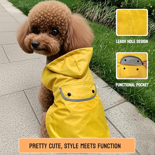 Dog Raincoat Dogs Rain Jacket Reflective Waterproof Pet Clothes Lined Poncho Rainwear Pocket Hooded Leash Hole Adjustable for Small Medium Dogs Puppy (Yellow / XS:Back Length 6.7")