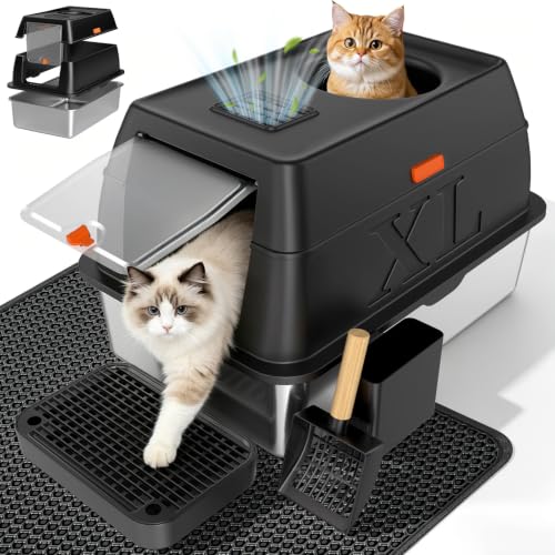 XL Enclosed Stainless Steel Litter Box with Lid (Black)