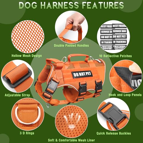 Tactical Molle Vest Mesh Dog Harness with 10 Removale Pet Patches (Medium / Orange)