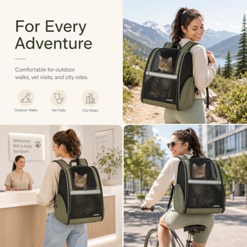 Cat Backpack Carrier for Small Dogs and Medium cat Puppy Kitten Bunny Pet Carrier Backpack Collapsible with Fully Ventilated Mesh with Safety Leash (DarkGreen / 12.9"L x 10.62"W x 15.5"H)