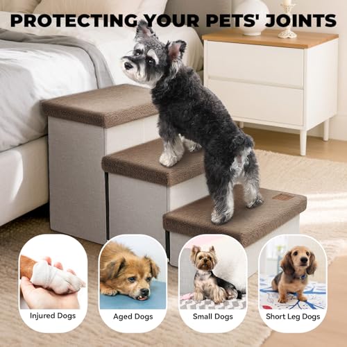 Dog Stairs with Storage Khaki Furry Lids 3 Steps Dog Ramp no Condo (Khaki Furry Lid No Condo / 3)