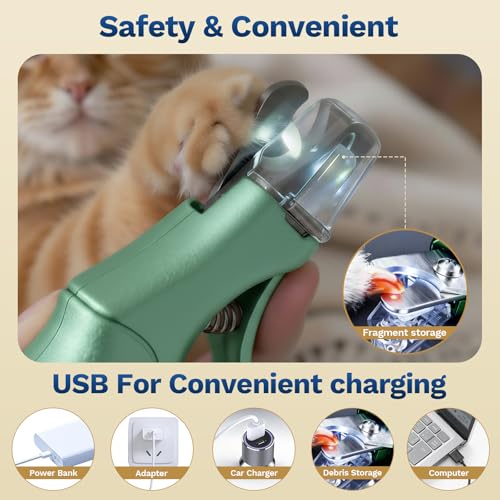 2-in-1 Dog & Cat Nail Clipper with Grinder, LED Light Rechargeable Grooming (Green)
