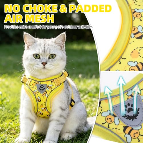 Cat Harness and Leash Set Escape Proof Reflective Cat Walking Harness Adjustable Soft Breathable Mesh Vest for Small Pets (M (NECK 11"-13.7", CHEST 16"-20") / Yellow Bee)