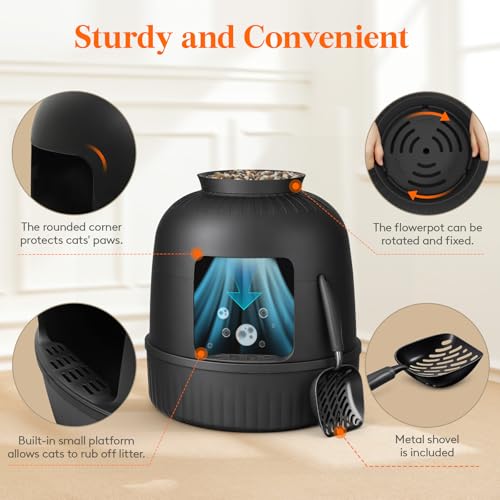 Hidden Plant Cat Litter Box with Stainsteel Scoop (Black)