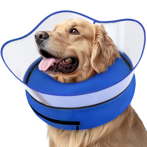 Raised Inflatable Dog Cone Collar to Stop Licking (Solid Blue / M(Neck 9"-12.5"))