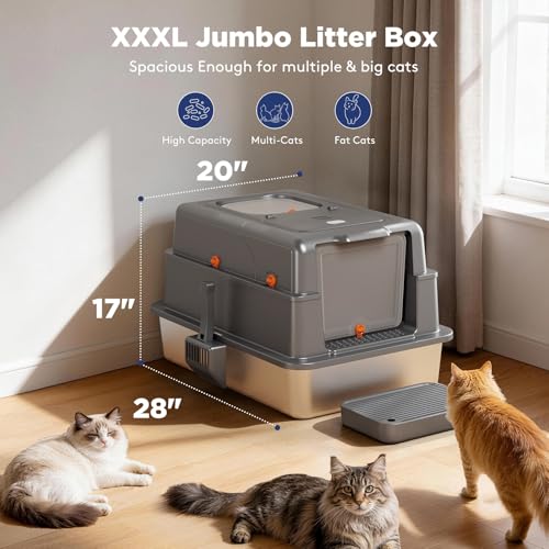 XXXL Extra Large Enclosed Stainless Steel Litter Box with Lid (XXX-Large / Grey)