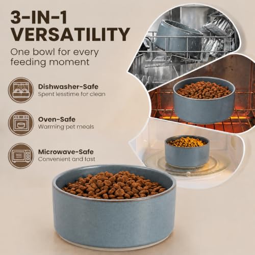 Elevated Ceramic Dog Bowl with Bamboo Stand (Gray Blue / 3.6Cup)